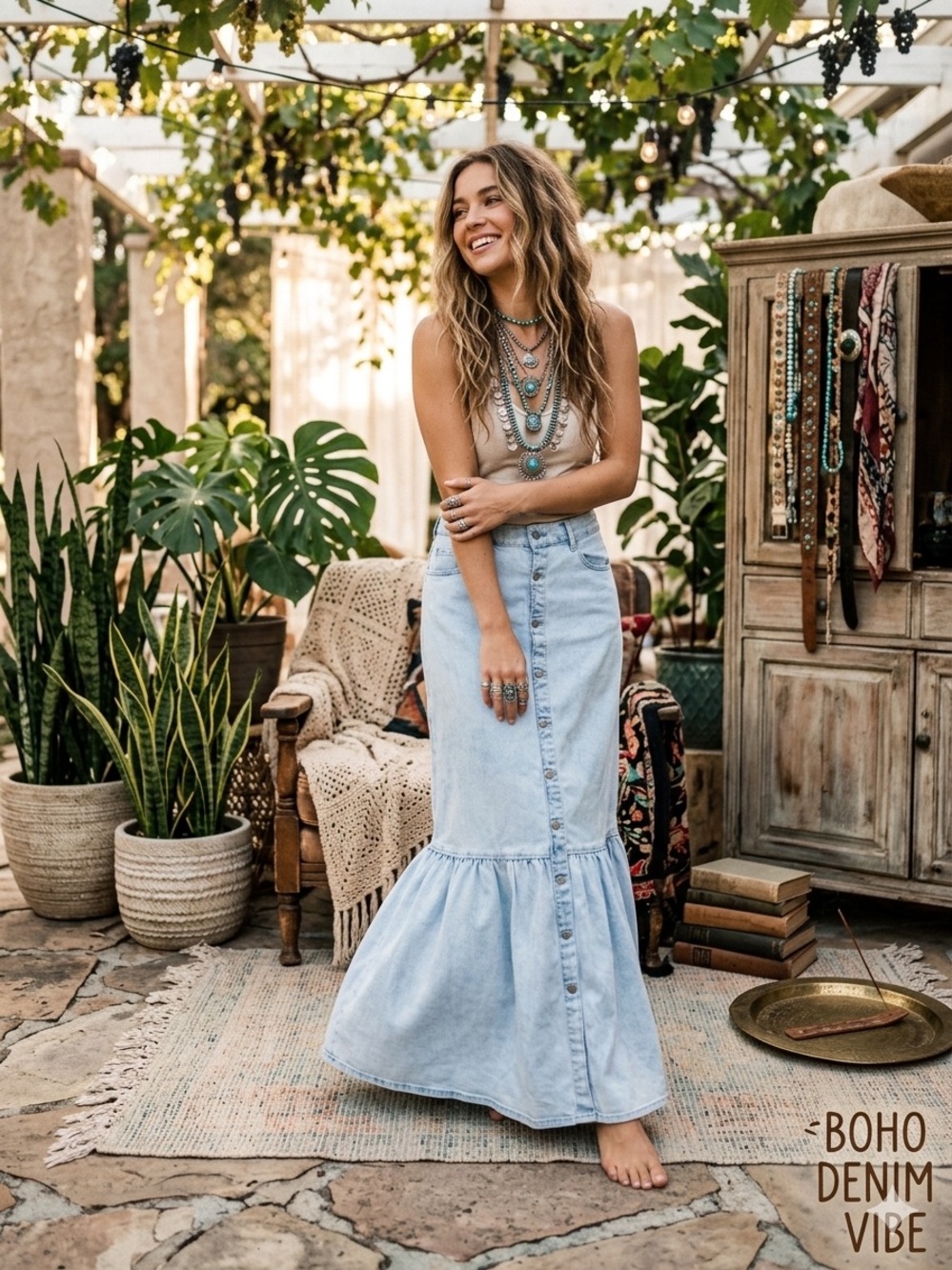 VENUS Light Blue Button-Front Boho Denim Maxi Skirt